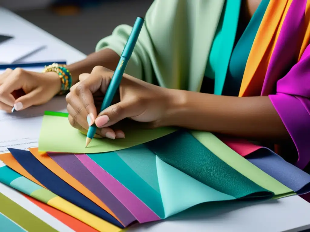 Un diseñador de moda traza detalles con tejidos coloridos en un estudio minimalista, evocando la innovación en propiedad intelectual