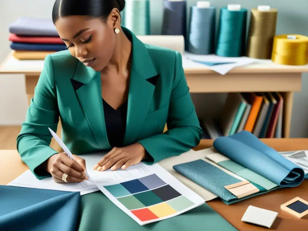 Un diseñador de moda esboza un diseño detallado rodeado de telas y materiales de costura