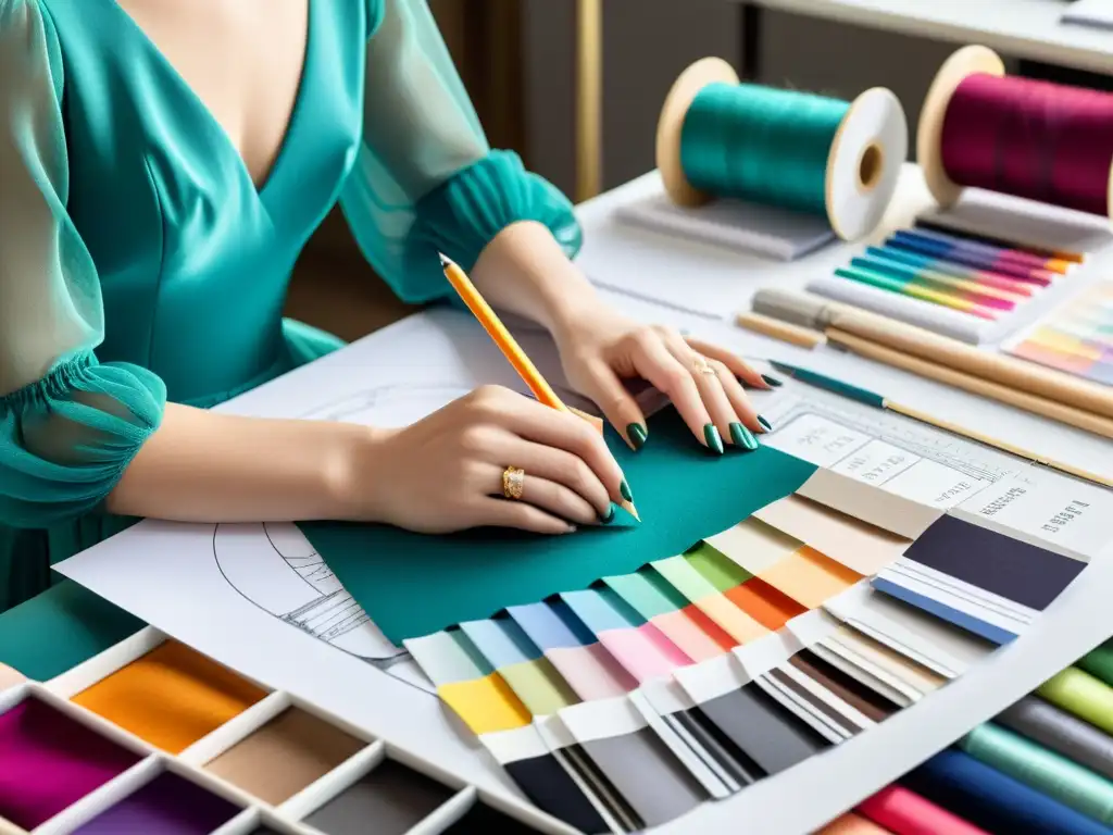 Un diseñador de moda crea un diseño exclusivo rodeado de telas y herramientas, destacando el proceso creativo y el registro derechos autor moda