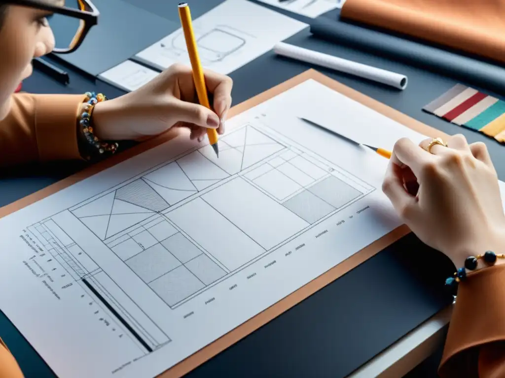 Moda innovadora: Diseñador detallando patente de prenda Un diseñador de moda bosqueja detalladamente un diseño patentado, rodeado de herramientas y telas