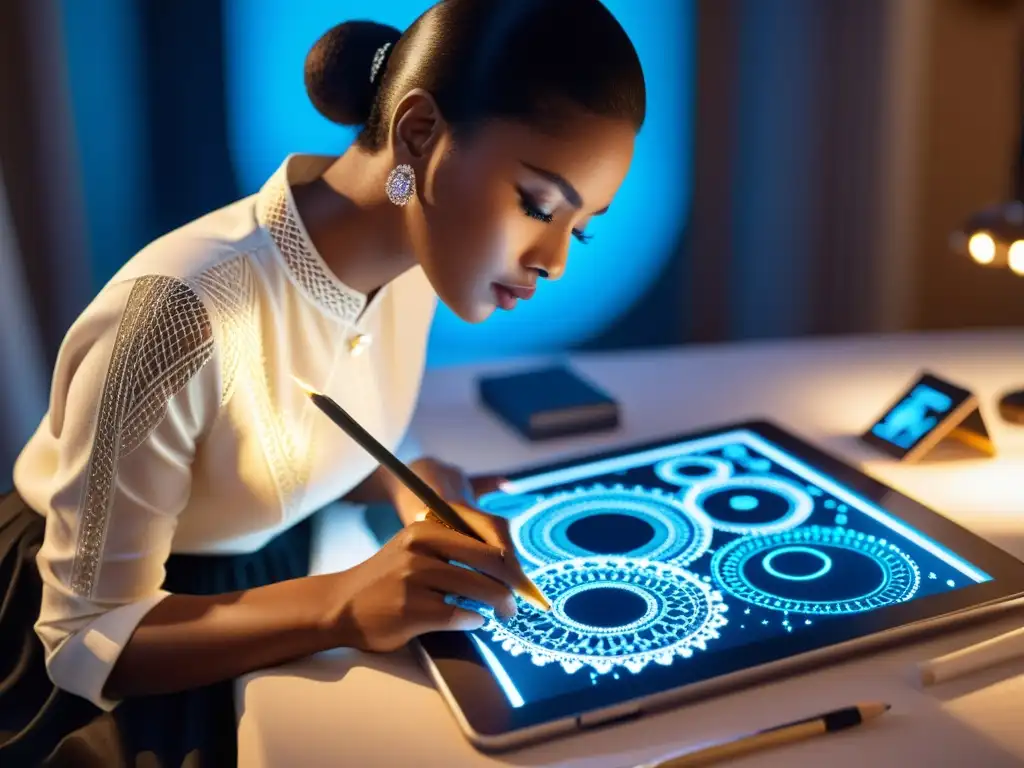 Un diseñador de moda dibuja un diseño único en una tableta, rodeado de lujosas telas, con una suave luz que ilumina su expresión concentrada