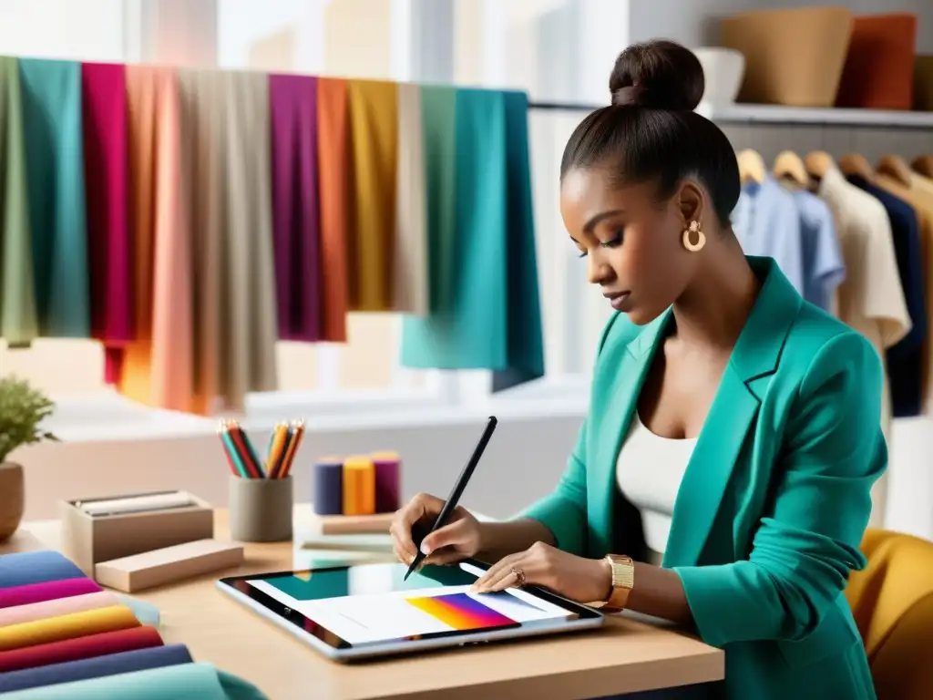 Un diseñador de moda crea diseños innovadores en una tableta digital, rodeado de telas coloridas y tableros de inspiración en un estudio moderno