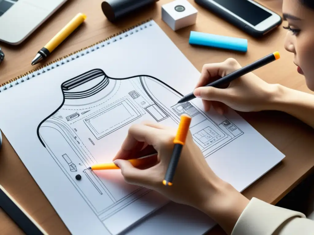 Un diseñador de moda dibuja un dispositivo interactivo digital, rodeado de tecnología