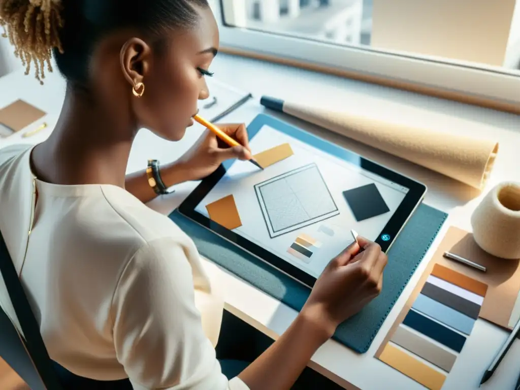 Un diseñador de moda inmerso en el proceso de registro de diseños, creando con cuidado sobre una tableta, rodeado de herramientas y telas