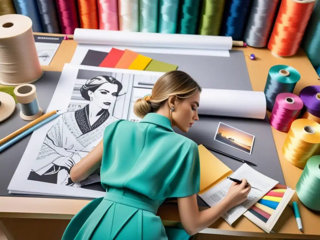 Un diseñador de moda inspirado dibuja un diseño único en una mesa de dibujo rodeado de telas lujosas, hilos coloridos y revistas de moda de alta gama