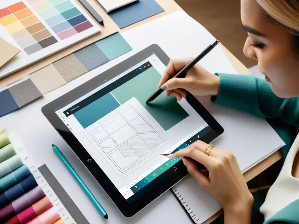 Un diseñador de moda internacional trabaja en un diseño detallado en una tableta digital rodeado de muestras de tela y tableros de inspiración