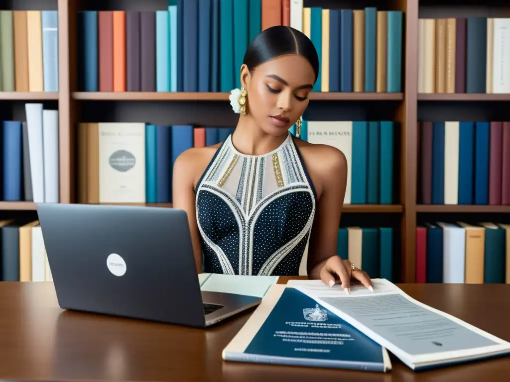 Un diseñador de moda dibuja un lujoso vestido, rodeado de libros de leyes, telas elegantes y un portátil
