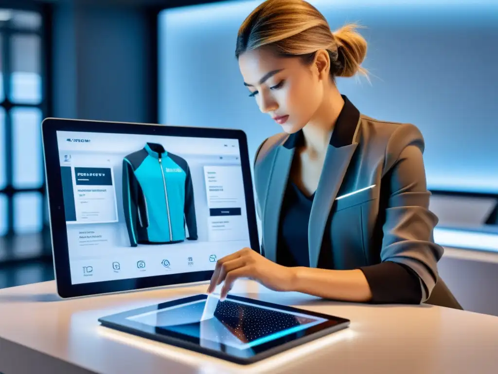 Un diseñador de moda examina un mockup digital en una tablet futurista, rodeado de tecnología moderna en un espacio minimalista y elegante