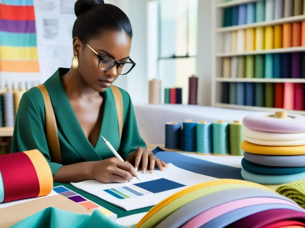 Un diseñador de moda crea una nueva colección, rodeado de telas coloridas y equipo de costura