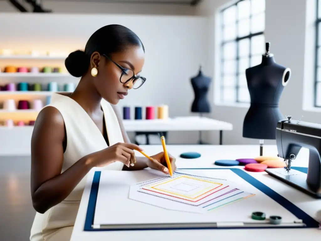 Un diseñador de moda esboza una nueva colección en un estudio moderno y luminoso, rodeado de tela y tecnología de vanguardia