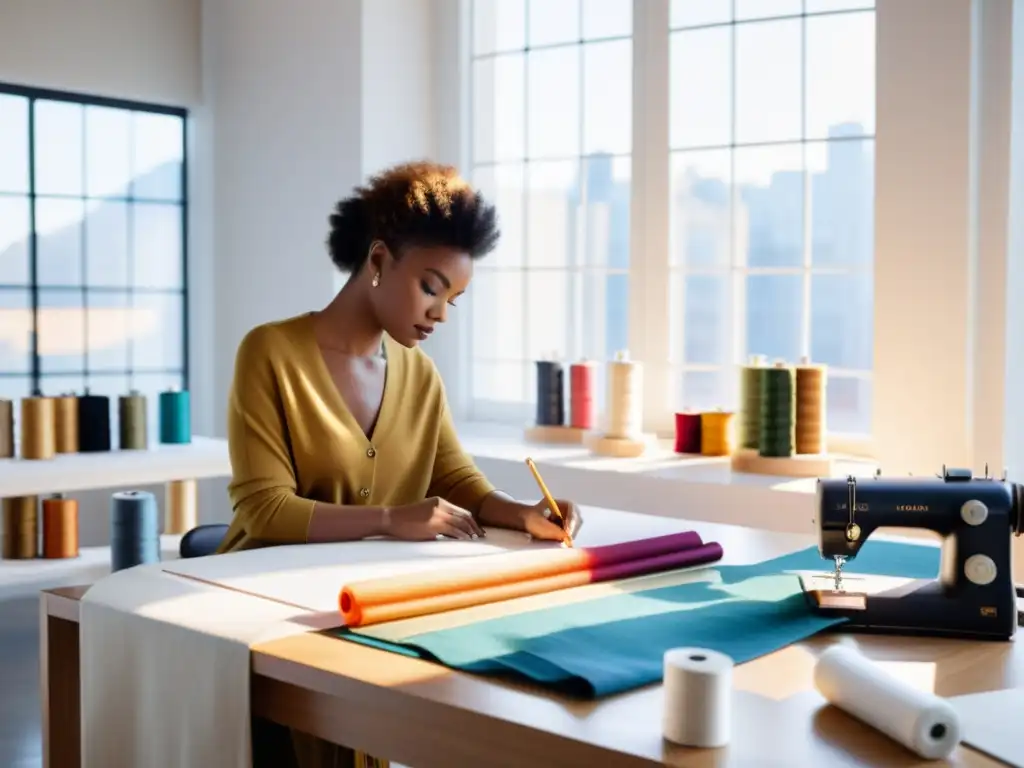 Un diseñador de moda crea un nuevo diseño en un estudio minimalista con protección legal para diseñadores de moda