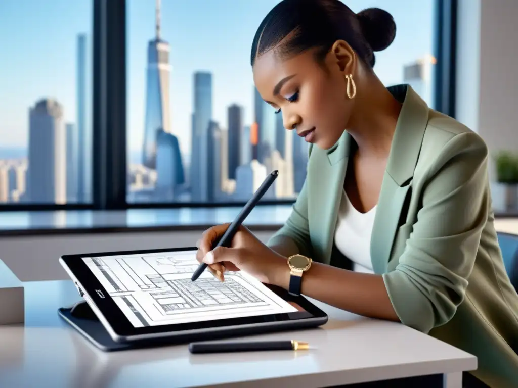 Un diseñador de moda crea un nuevo diseño en una tableta, rodeado de tecnología moderna en un estudio bien iluminado con vista a la ciudad