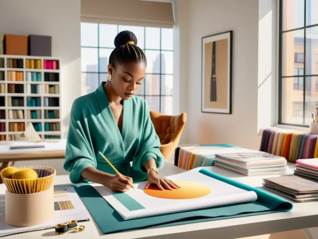 Diseñador de moda creando con pasión Un diseñador de moda crea un nuevo diseño rodeado de telas lujosas, hilos de colores y revistas de moda para inspirarse
