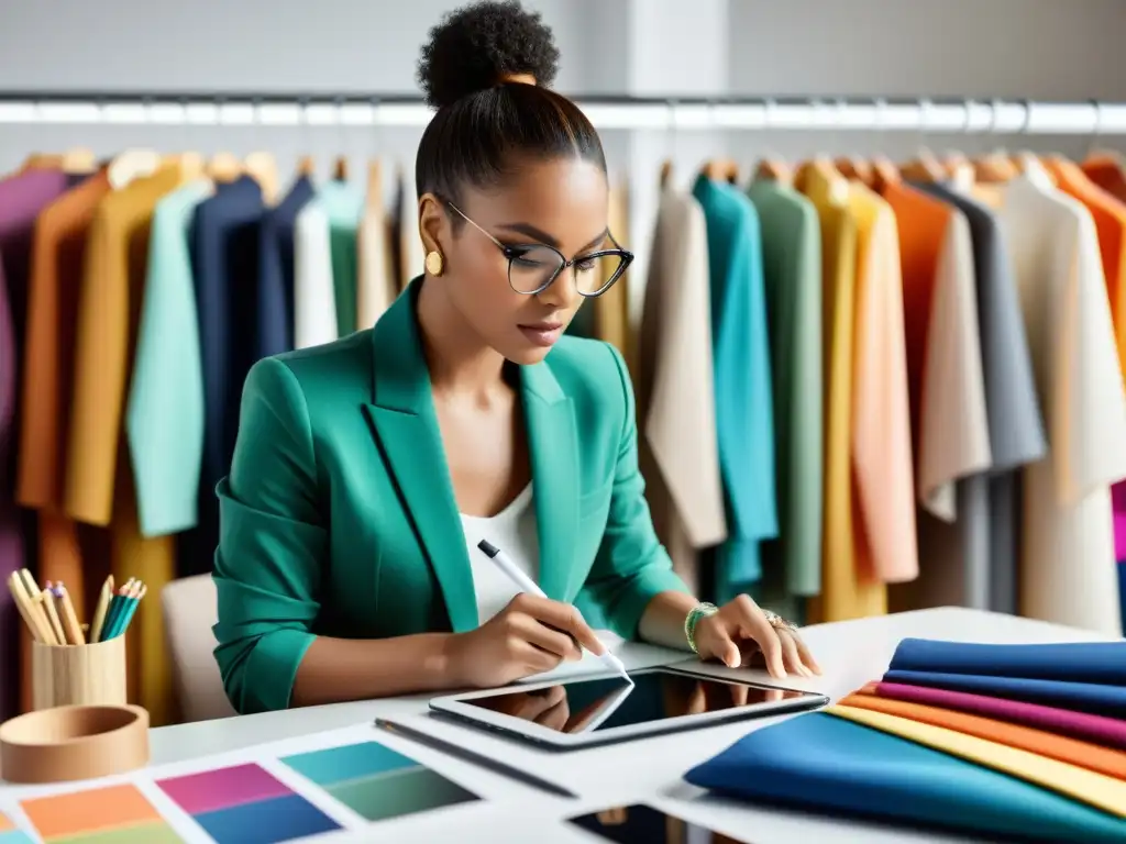 Un diseñador de moda dibuja un nuevo diseño en una tableta, rodeado de telas coloridas, con expresión enfocada