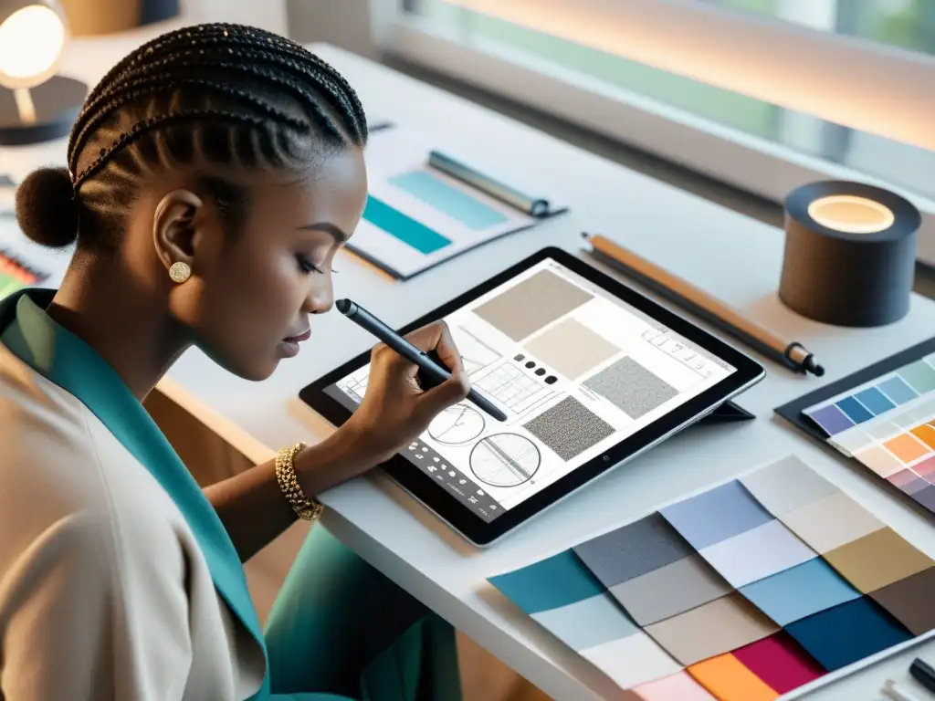 Un diseñador de moda crea meticulosamente un nuevo diseño en una tableta, rodeado de muestras de tela, paletas de colores y tableros de inspiración