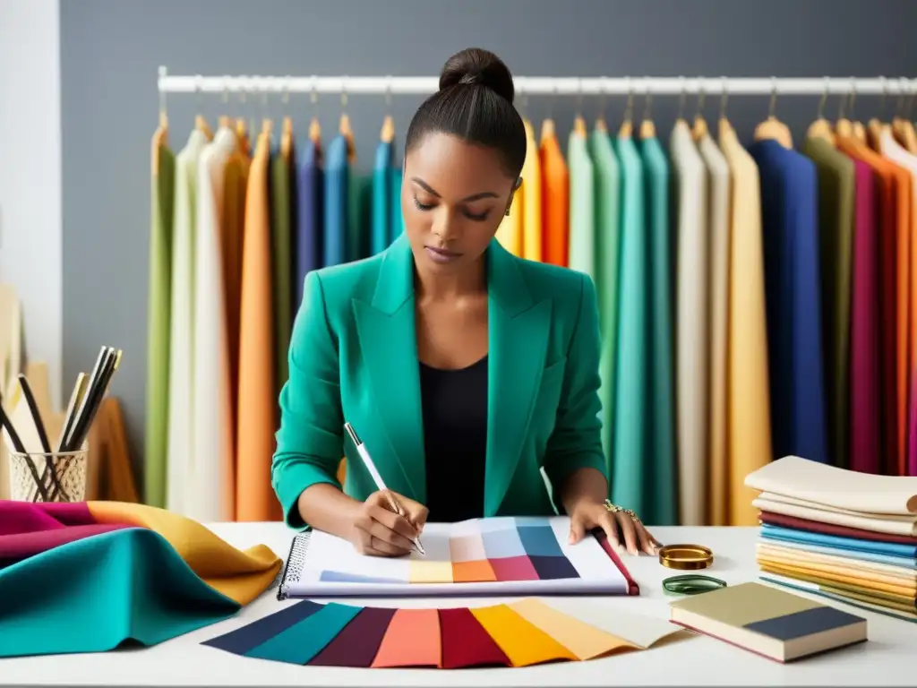 Un diseñador de moda crea con pasión en un estudio moderno, rodeado de telas y herramientas de diseño