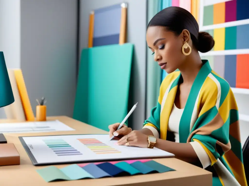 Diseñador de moda creando diseños patentados con determinación y creatividad en un estudio moderno Un diseñador de moda aplica el Tratado de Cooperación en Patentes al crear un diseño detallado, rodeado de telas coloridas y herramientas digitales, en un estudio moderno y elegante