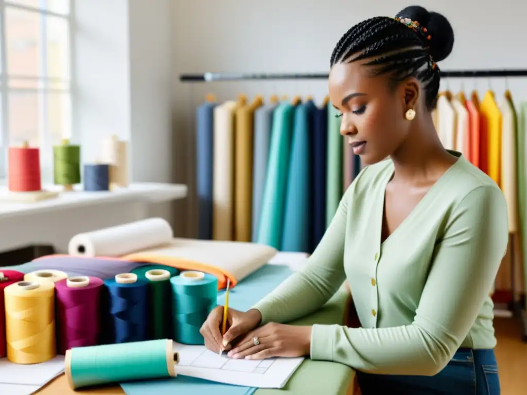 Diseñador de moda creando una prenda única en un moderno estudio Un diseñador de moda aplica el Tratado de Cooperación en Patentes al proceso de creación en un estudio moderno y luminoso