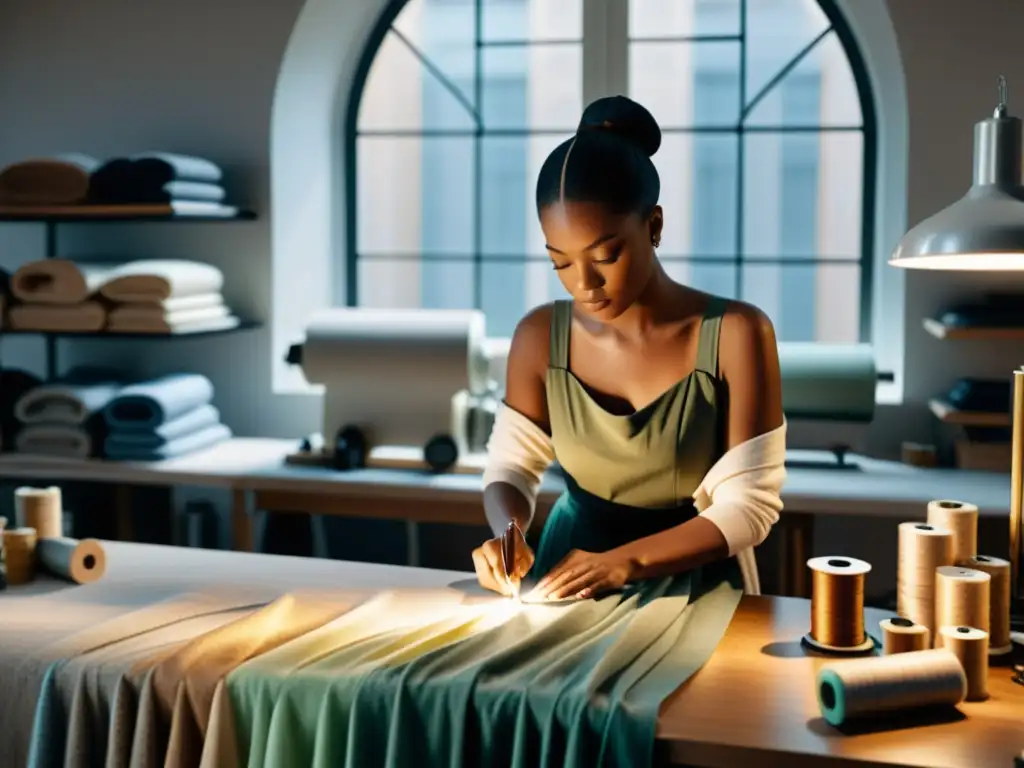 Diseñador de moda creando una prenda en su moderno atelier, rodeado de telas lujosas y herramientas meticulosamente organizadas