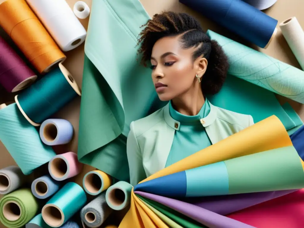 Un diseñador de moda crea una prenda sostenible innovadora, rodeado de telas y herramientas de costura