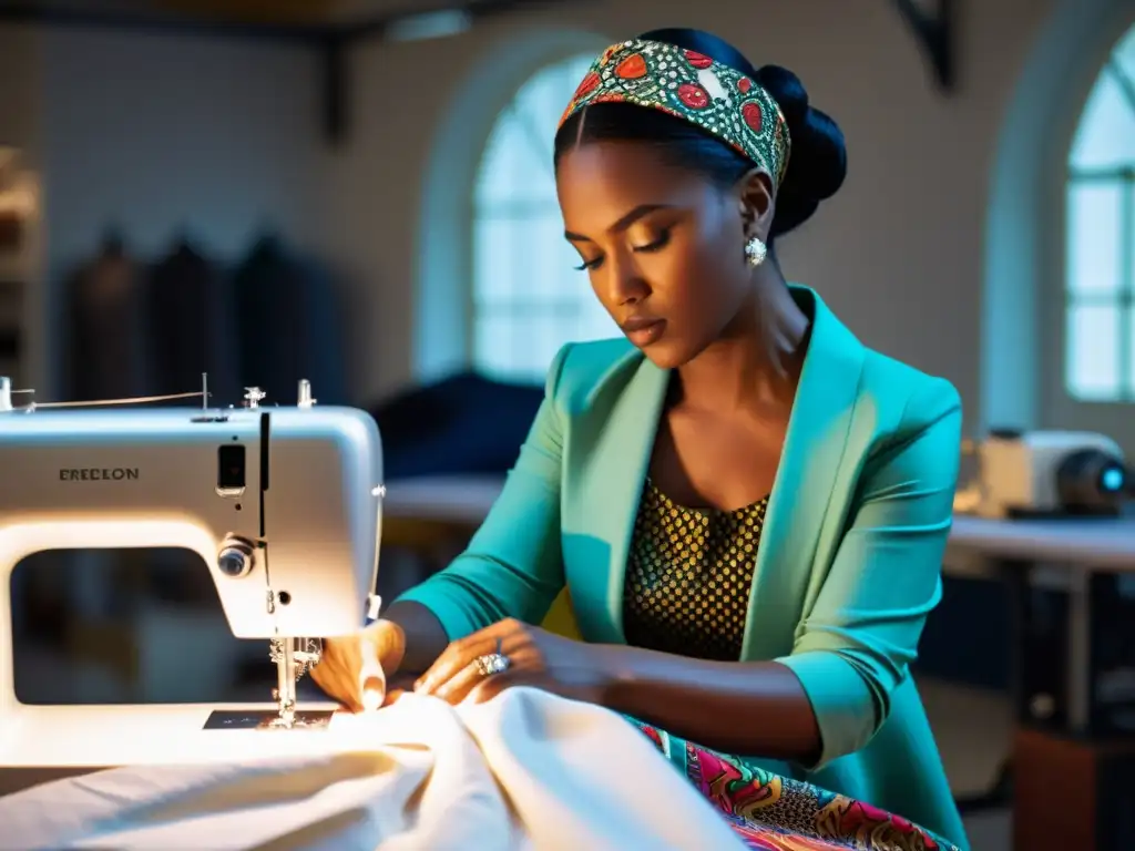 Un diseñador de moda crea una prenda única rodeado de lujosas telas