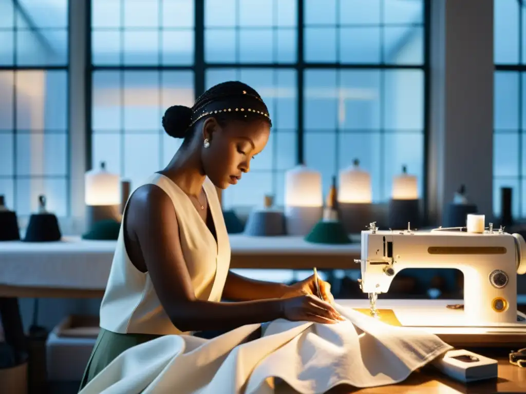 Un diseñador de moda crea prendas impresionantes con materiales reciclados en un elegante taller minimalista