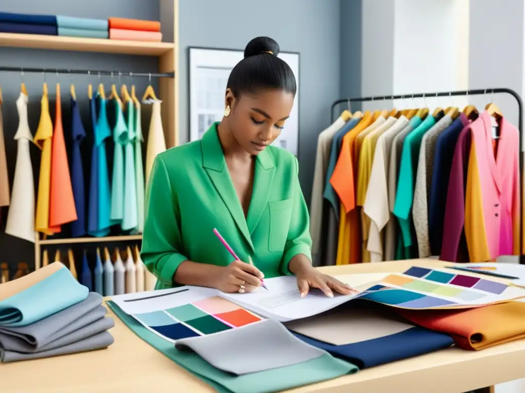 Diseñador de moda trabajando en colección de prendas rodeado de telas y un estudio moderno