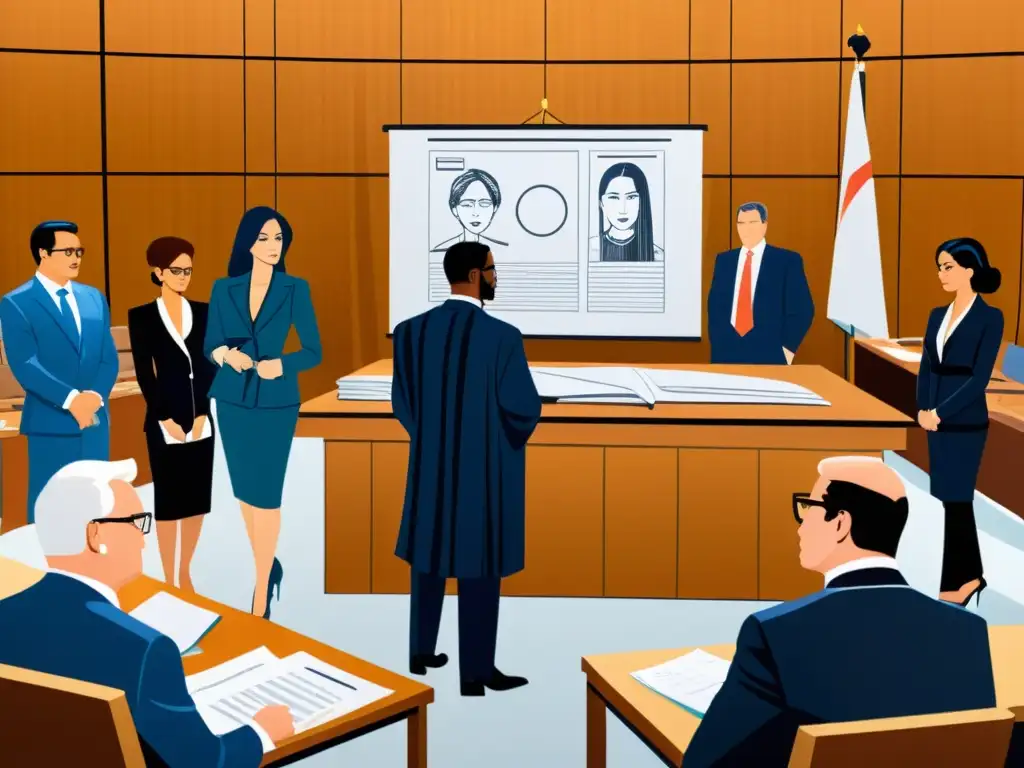 Un diseñador de moda presenta pruebas en una sala de tribunal moderna en una defensa legal por plagio de diseño de moda, mostrando tensión y drama
