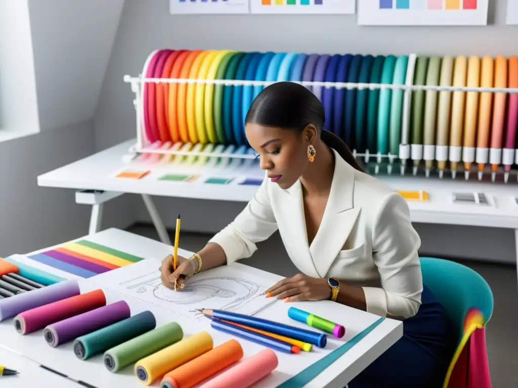 Un diseñador de moda sketching en una mesa blanca, rodeado de telas y marcadores