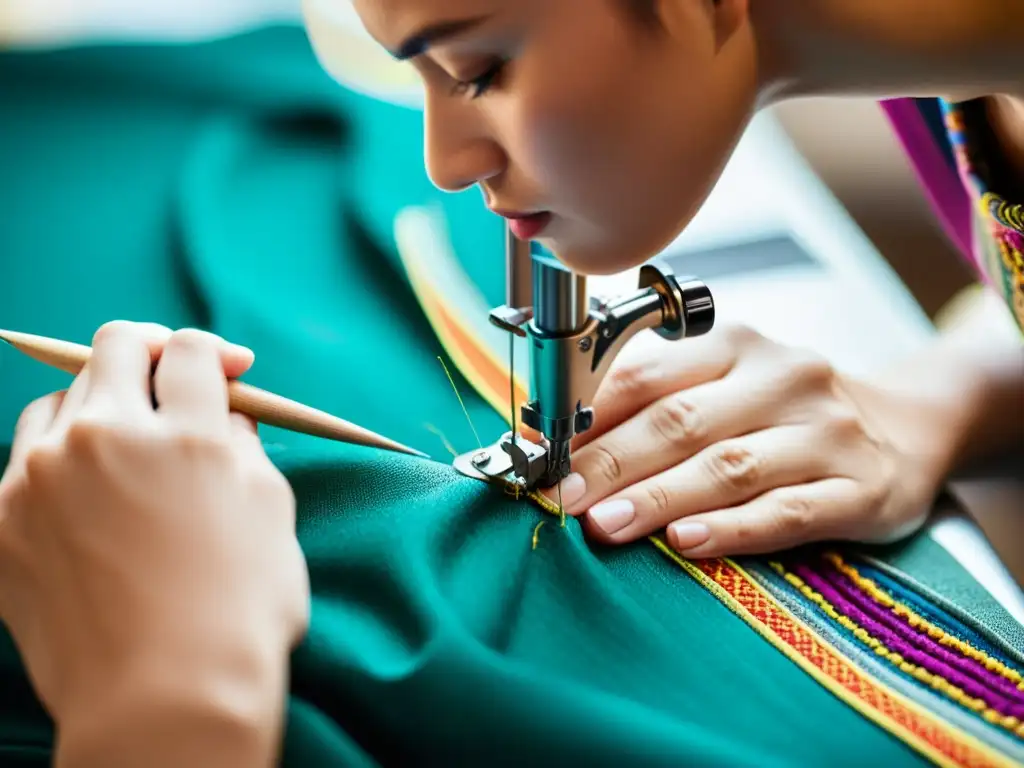 Un diseñador de moda sostenible crea con cuidado una prenda, resaltando cada detalle del proceso de costura
