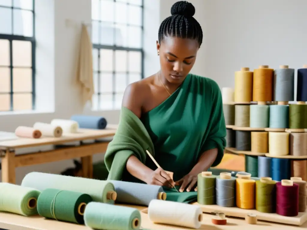 Un diseñador de moda sostenible crea una prenda única en un estudio luminoso, rodeado de materiales ecofriendly