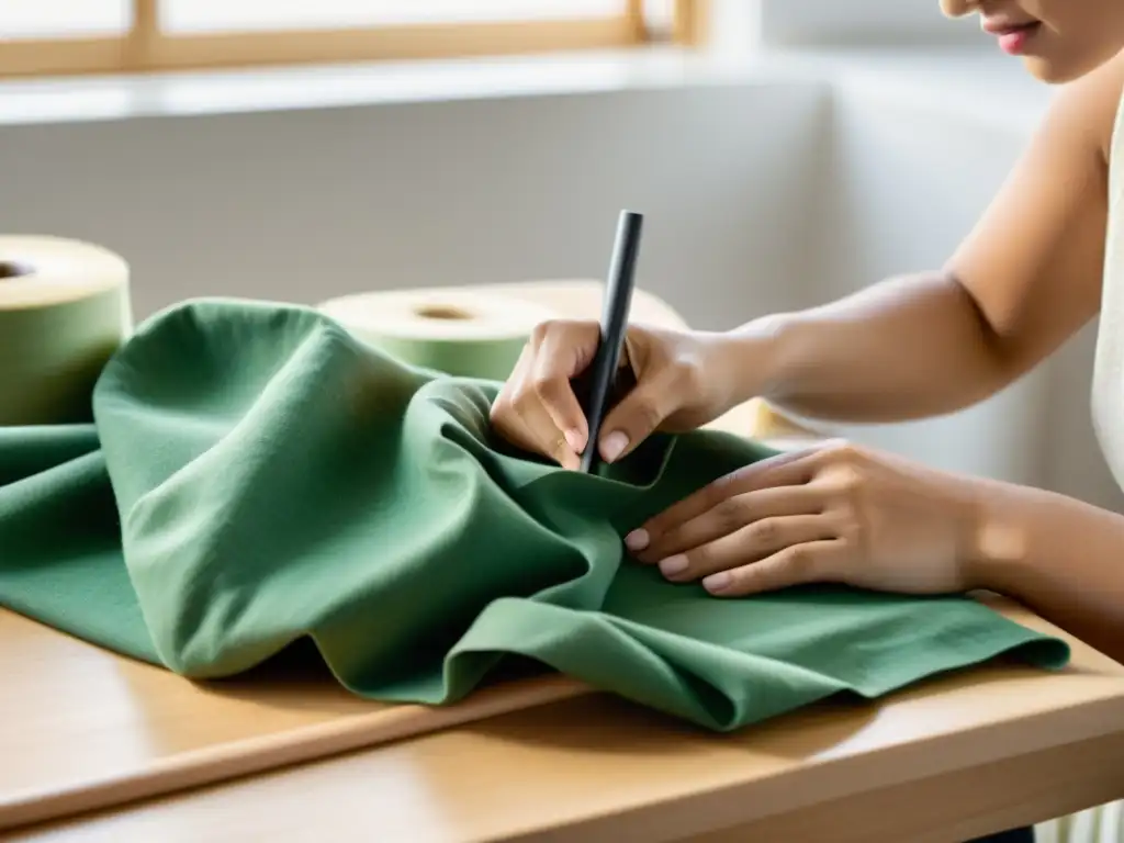 Un diseñador de moda sostenible crea una prenda ecofriendly en un estudio luminoso con rollos de tela orgánica