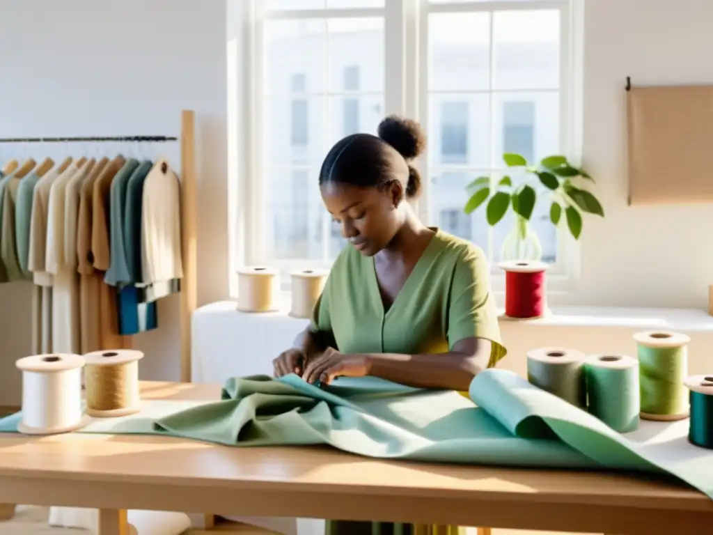 Un diseñador de moda sostenible cuidadosamente elaborando una prenda con materiales ecológicos en un estudio luminoso