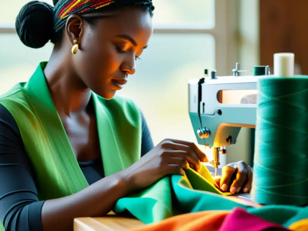 Un diseñador de moda sostenible cose con concentración, rodeado de luz natural