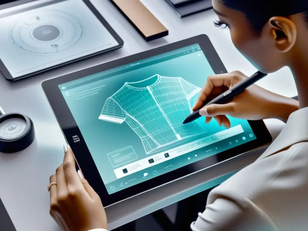 El diseñador de moda trabaja en su tablet digital con bocetos y diseños digitales, en un espacio de trabajo moderno y minimalista