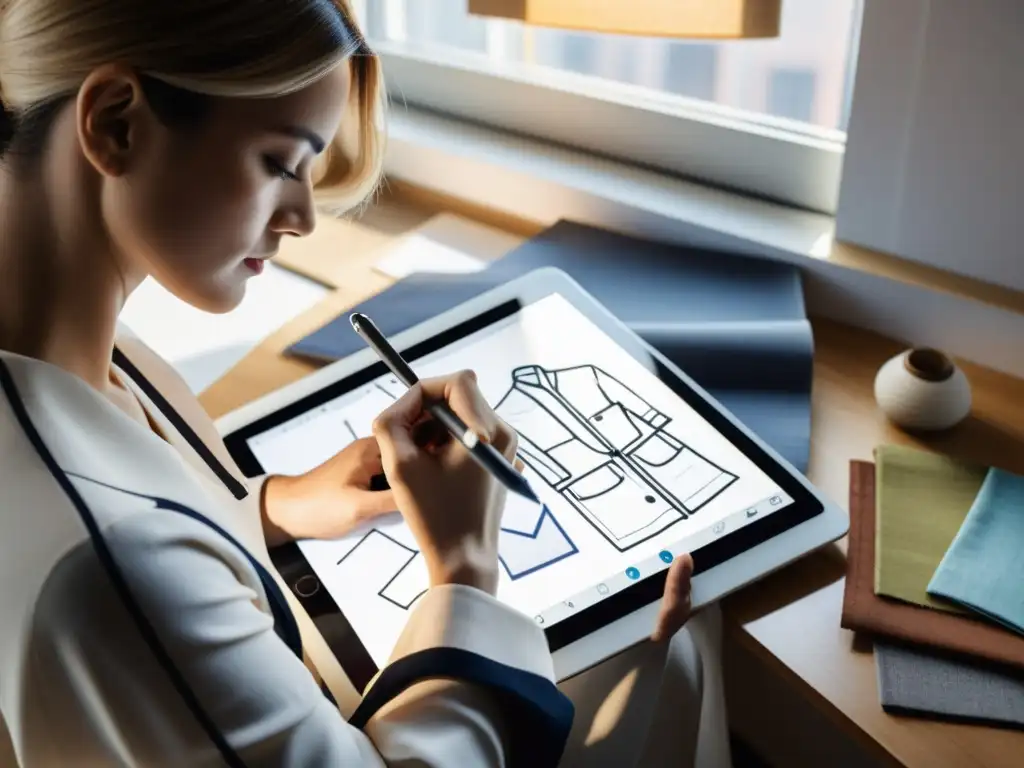 Diseñador de moda dibujando en tablet con muestras de tela, en estudio moderno