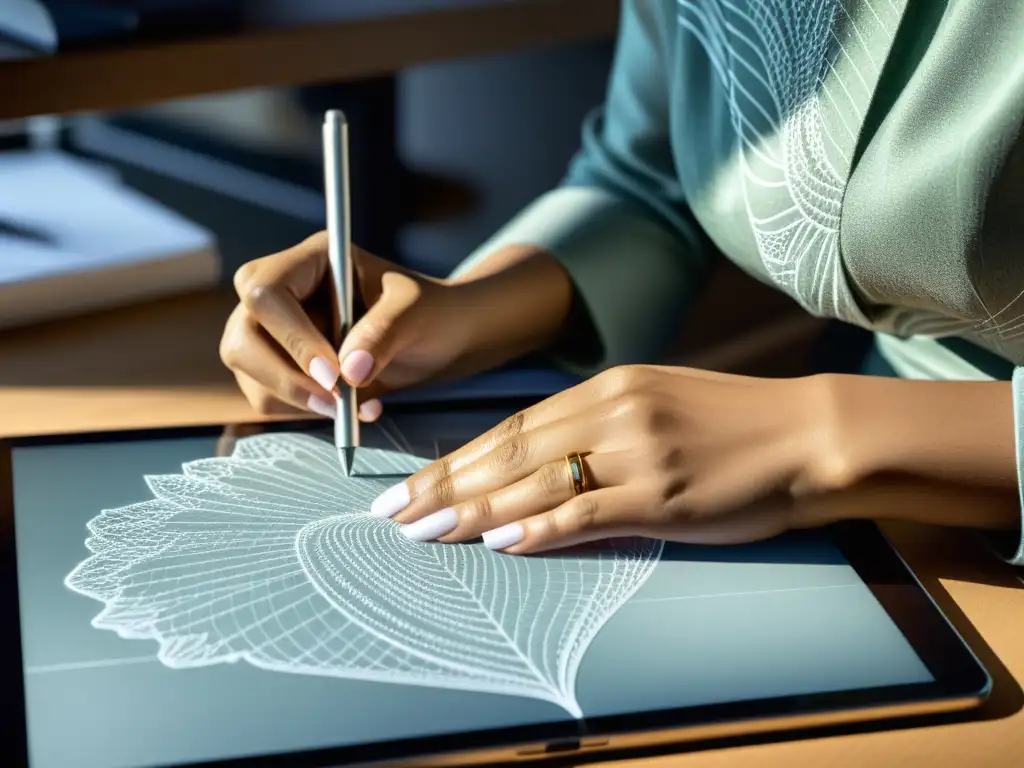 Un diseñador de moda dibuja detalladamente en una tableta, fusionando arte tradicional con tecnología moderna en acuerdos de diseño en la moda