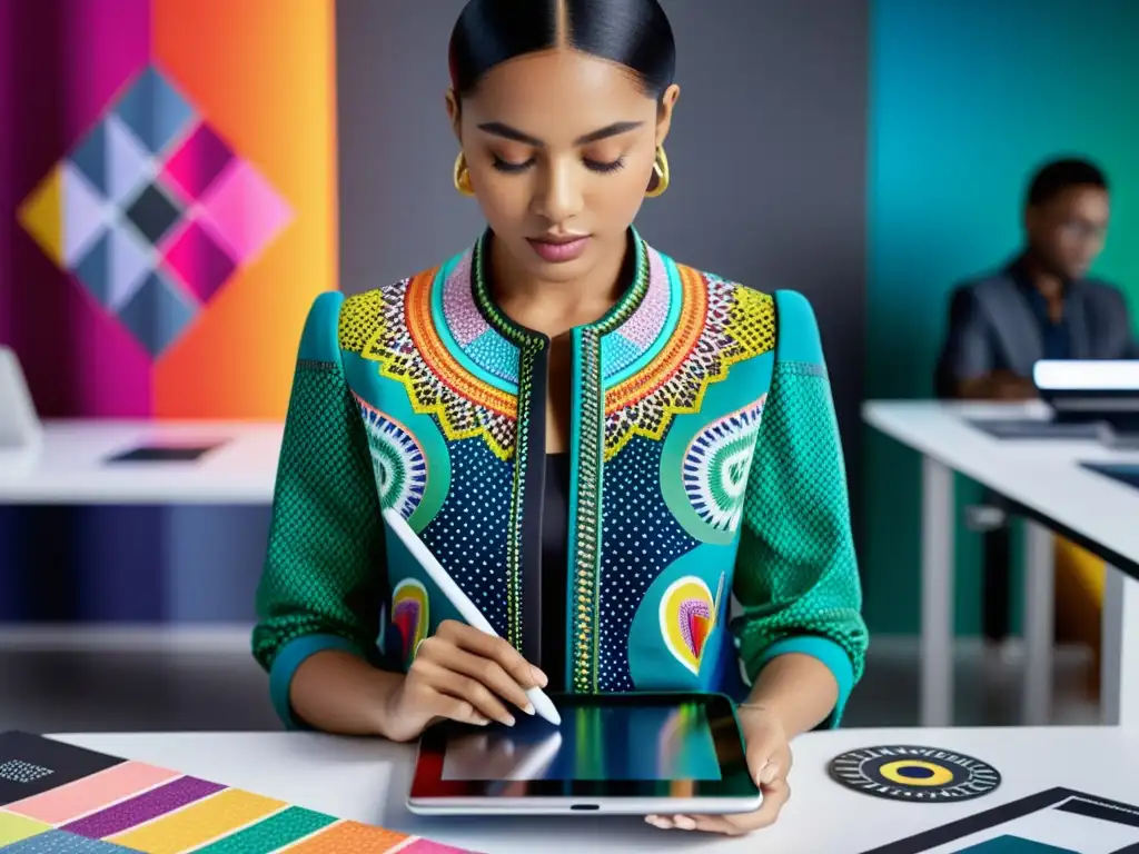 Un diseñador de moda utiliza una tableta digital para crear diseños innovadores y detallados