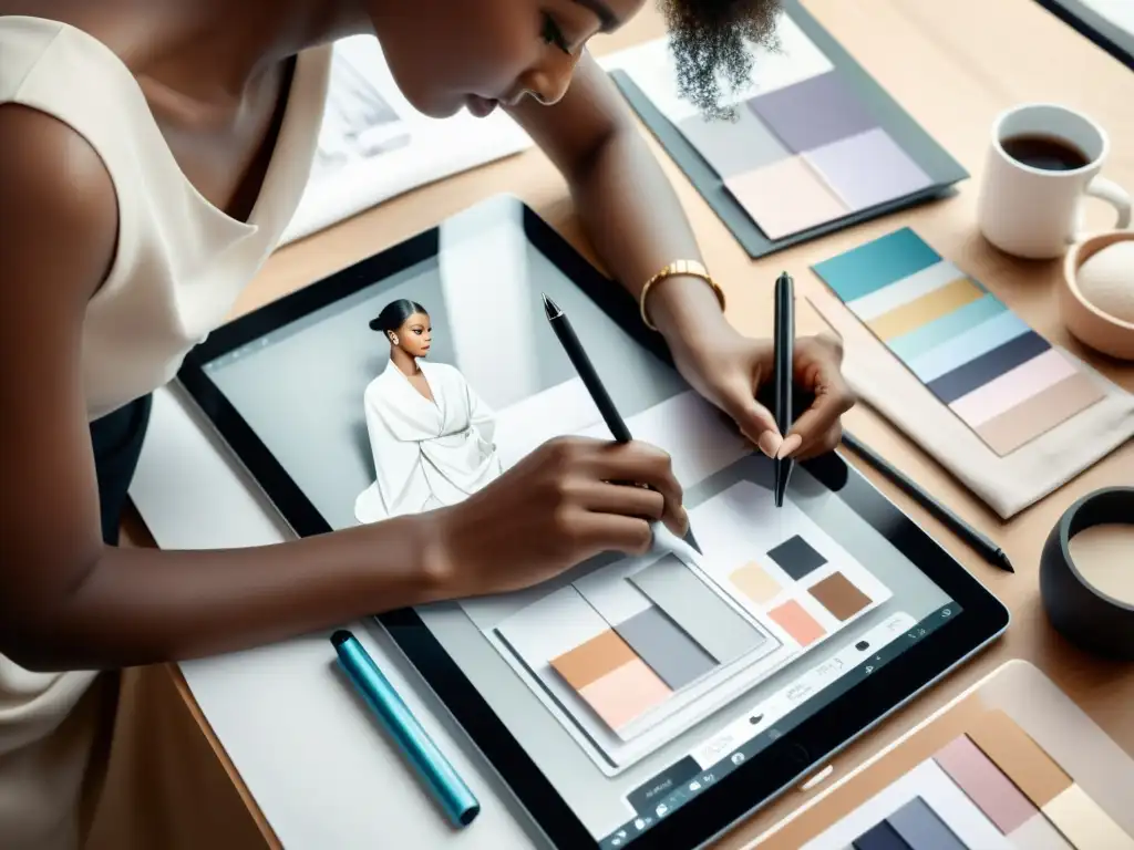 Un diseñador de moda trabajando en una tableta con patentes de diseño de moda, rodeado de telas lujosas y herramientas modernas, bañado en luz natural