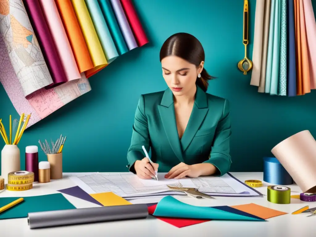 Un diseñador de moda examina detalladamente un patrón en tela de lujo, rodeado de herramientas de trabajo en un estudio bien iluminado