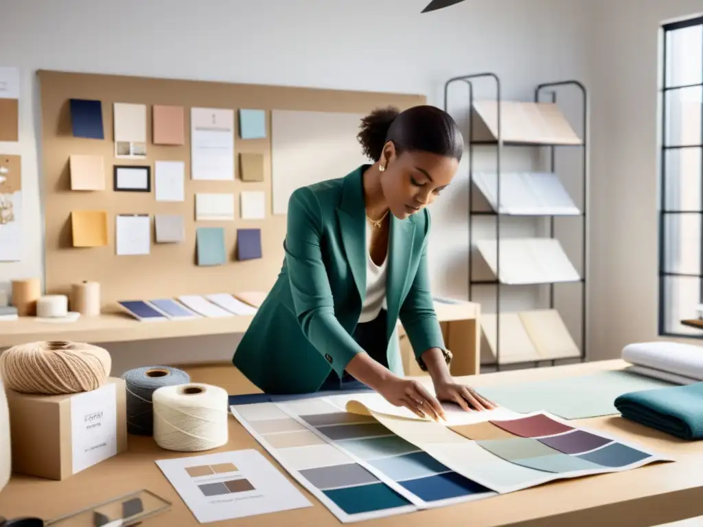 Un diseñador de moda selecciona telas y bosqueja en un estudio moderno con luz natural