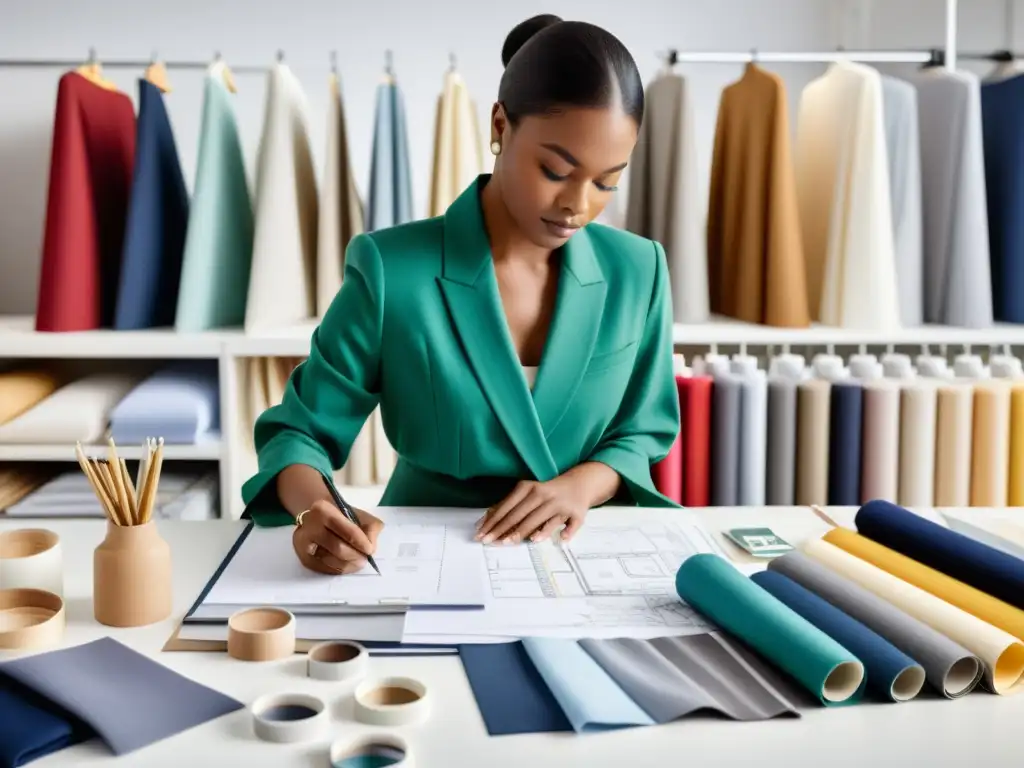 Diseñadora de moda creando una colección, rodeada de telas, herramientas de costura y tableros de inspiración en un estudio moderno