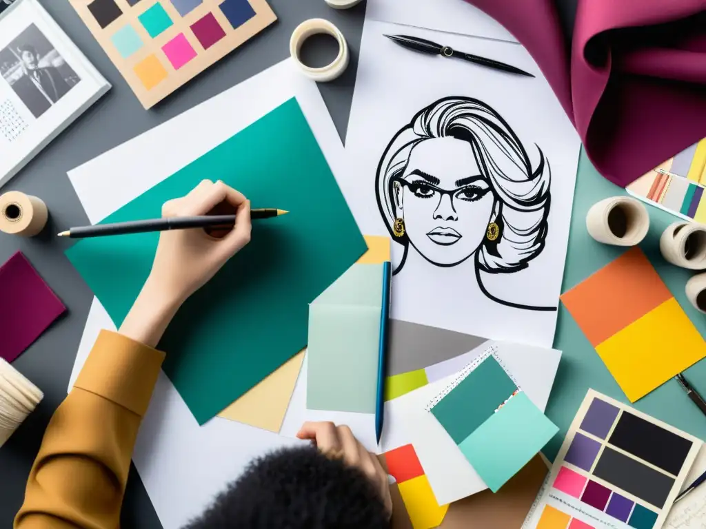 Diseñadora de moda concentrada en su taller, rodeada de telas, herramientas de costura y un panel de inspiración