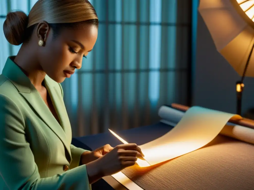 Una diseñadora de moda examina con cuidado una lujosa muestra de tela bajo la cálida luz de un estudio de alta gama