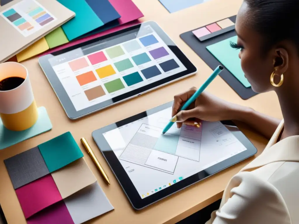 Una diseñadora de moda registra sus derechos de autor mientras crea en una tablet, rodeada de telas y un panel de inspiración