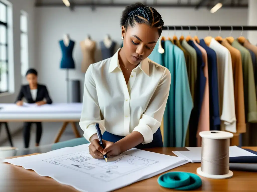 Diseñadora de moda creando un diseño rodeada de telas, en un estudio moderno