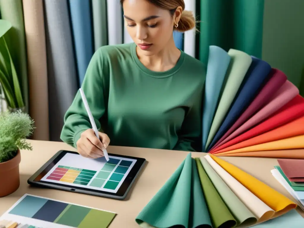 Una diseñadora de moda creando un diseño sostenible en una tablet, rodeada de materiales reciclables y paletas de colores naturales