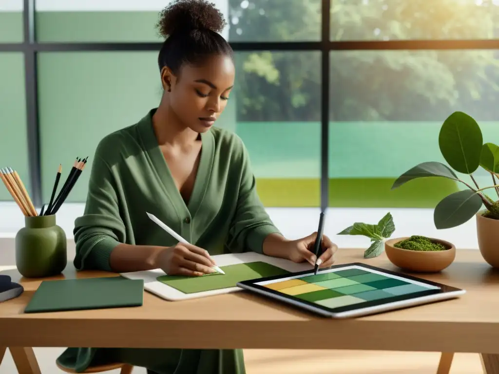 Una diseñadora de moda dibuja un diseño sostenible en una tableta digital, rodeada de telas ecológicas y tintes vegetales