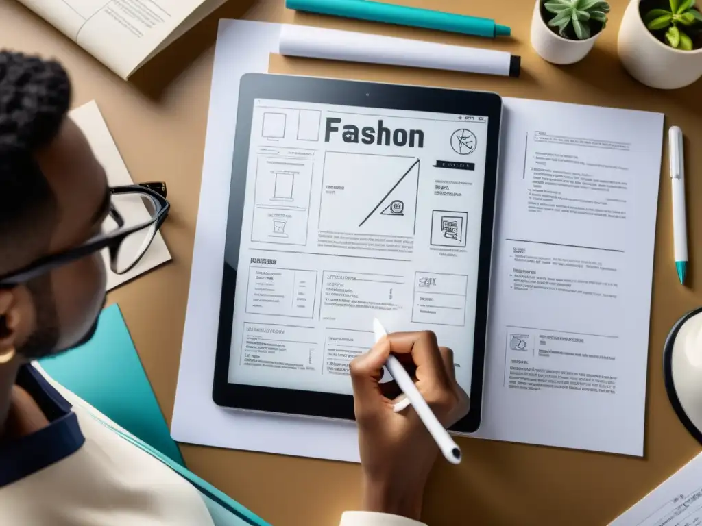 Una diseñadora de moda trabaja meticulosamente en un diseño en una tableta, rodeada de documentos legales y símbolos de marca