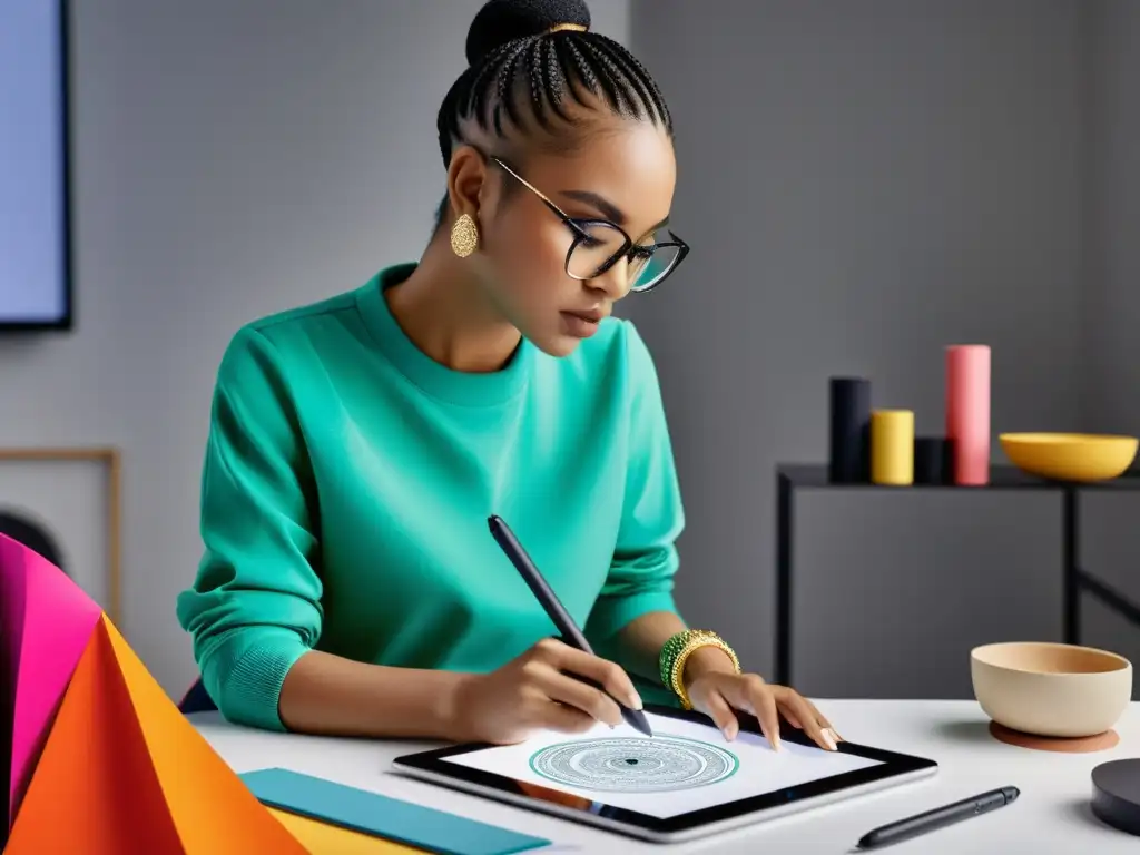 Una diseñadora de moda dibuja un diseño único en una tableta digital, rodeada de tecnología de vanguardia y decoración minimalista